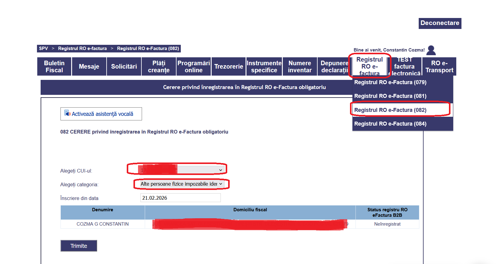 Inregistrare in Registrul e-factura a unei persoane fizice care desfasoara activitati economice.