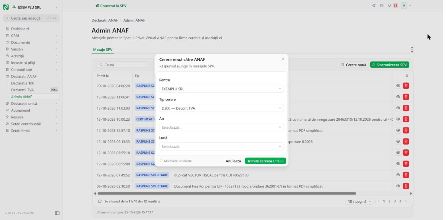Formularul Cerere nouă din ContApp, pentru documente cerute de la ANAF prin SPV