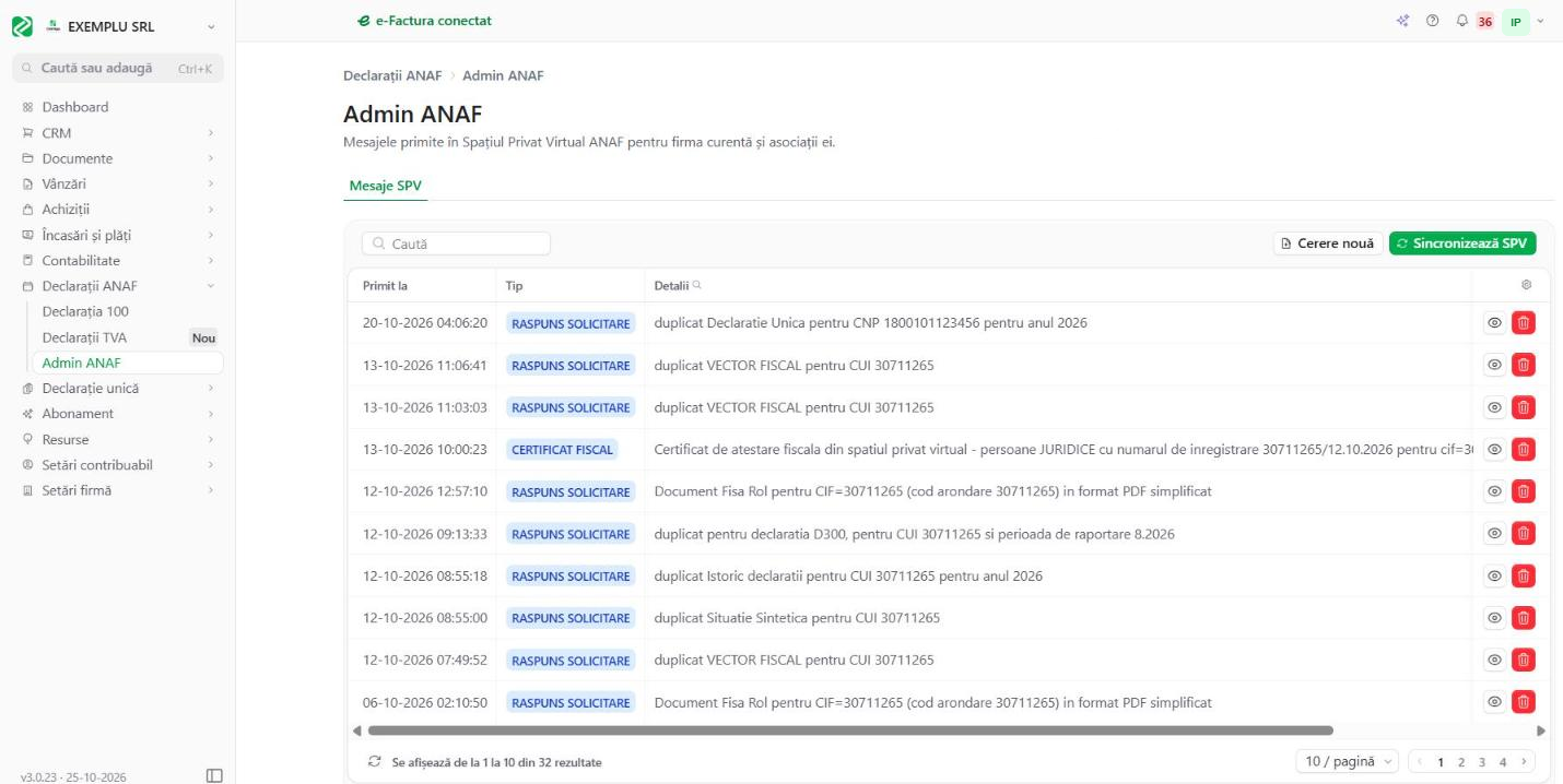 Lista de mesaje SPV în ContApp: data primirii, tipul mesajului, detaliile ANAF și PDF-ul descărcat
